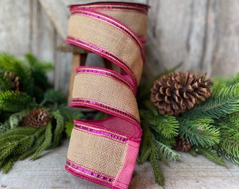 2.5" Hot Pink Fuchsia Sequin Borders Ribbon, Farrisilk Ribbon, Wired Ribbon, Halloween Ribbon, Burlap Ribbon, Pink Burlap Ribbon