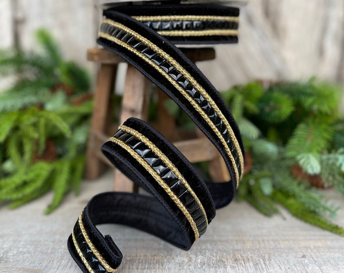 1.5" Black Gemstone Ribbon, Farrisilk Ribbon, Black Jeweled Ribbon, Wired Ribbon, Black Ribbon, Christmas RIbbon, Designer RIbbon, Gemstone