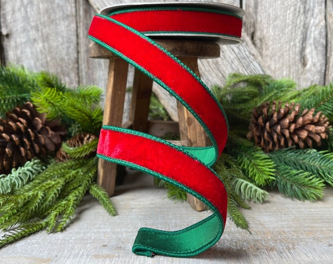 1" Red Emerald Velvet, Farrisilk Ribbon, 2 Tone Velvet, Christmas Velvet, Red and Green Velvet, Wreath Supply, Craft Supply, RK130-01