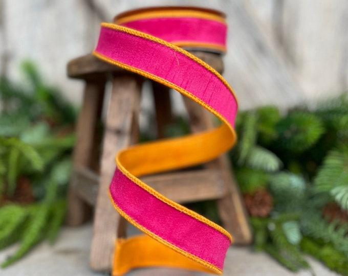 1" Pink Orange Contrast Taffeta, Farrisilk Ribbon, Wired Ribbon, Pink Ribbon, Pink Orange Ribbon, Designer Ribbon, Narrow RIbbon, Christmas