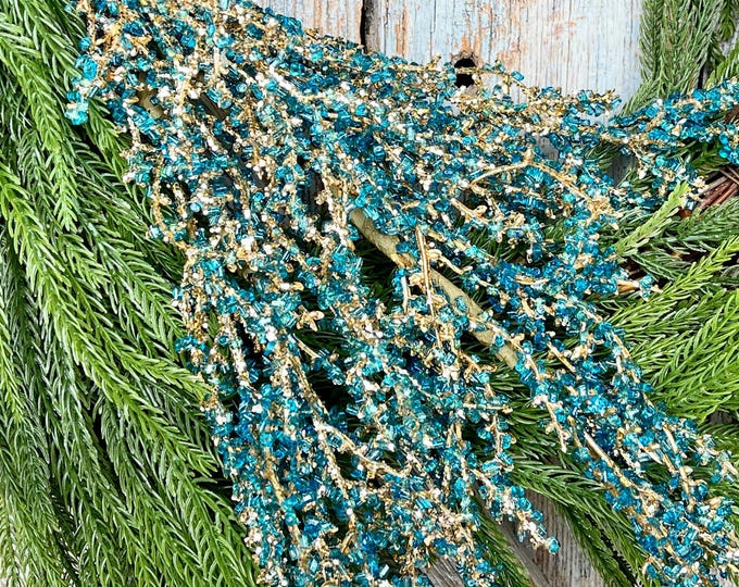 Blue Iced Twig Spray, Christmas Spray for Tree, Blue Jeweled Twig Floral Spray