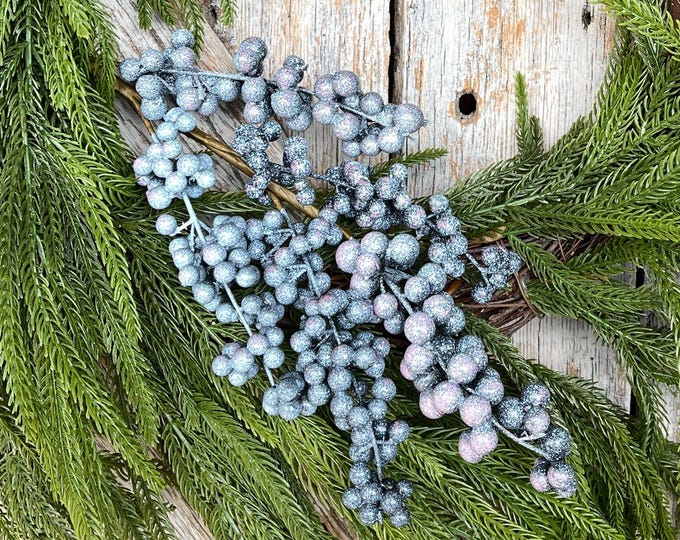 18" Frosted Blueberry Spray, Winter Blueberry Picks & Stems, Artifical Berry Floral Stem