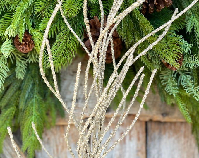 30" Champagne Gold Glitter Twig, Gold Christmas Spray, Christmas Tree Topper Spray