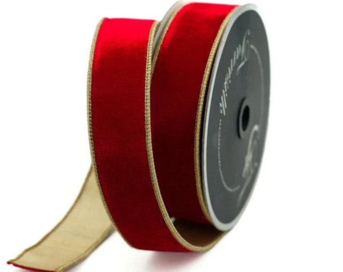 1.5" Red Flashy Velvet, Farrisilk Ribbon, Wired Ribbon, Red Velvet Ribbon, Red and Gold Velvet, Christmas Ribbon, Wreath Supply, Designer