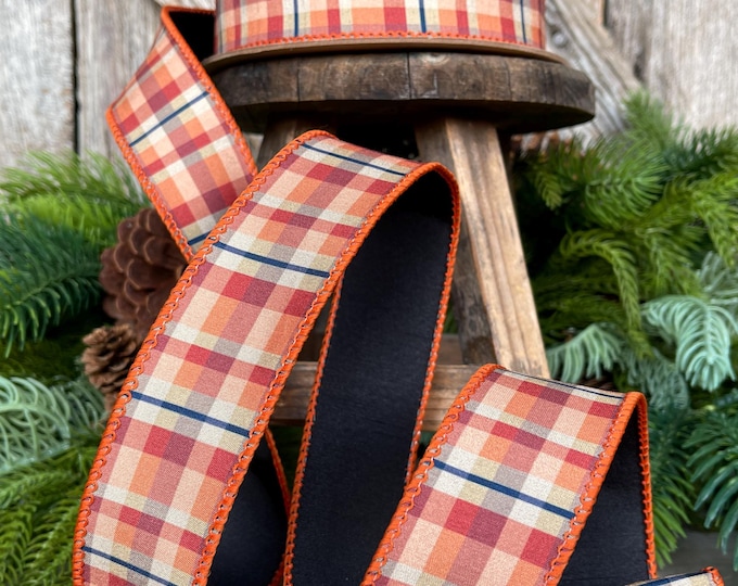 Fall Plaid Wired Ribbon: Orange, Yellow & Navy - 1.5" x 10 Yards