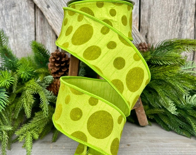 2.5" Lime Green Retro Dot, Farrisilk Ribbon, Flocked Ribbon,Halloween Ribbon,Wired RIbbon,Designer Ribbon, Wreath Supply, Polka Dot,RK587-61