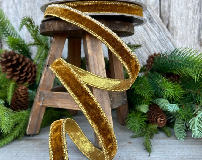 3/4" Antique Gold Wired Ribbon, Farrisilk Ribbon, Velvet Ribbon, Gold Velvet Ribbon, Christmas Ribbon, Wired Ribbon, Holiday Decor