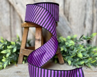 2.5" Purple Witchy Stripes Wired Ribbon by Farrisilk, Halloween Ribbon, Purple and Black Ribbon, Wired Ribbon, Halloween Wreath Ribbon