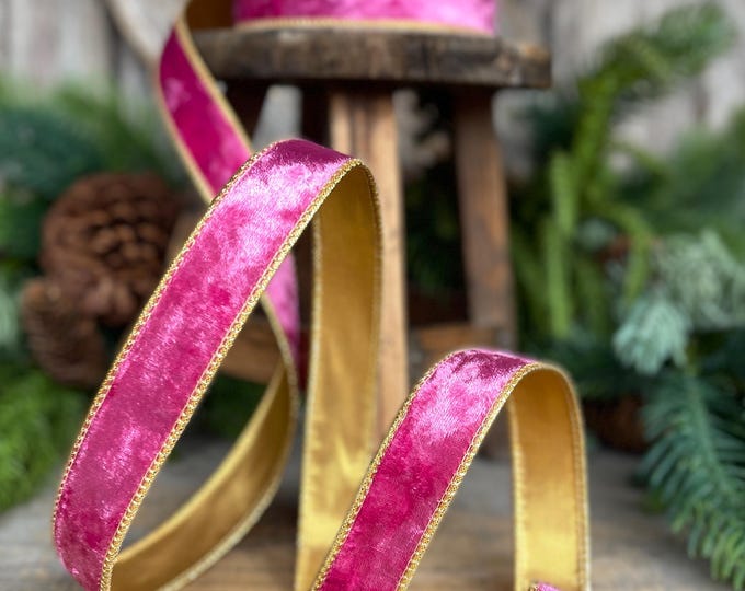 1" Fuchsia Pink Velvet Wired Ribbon with Gold Backing