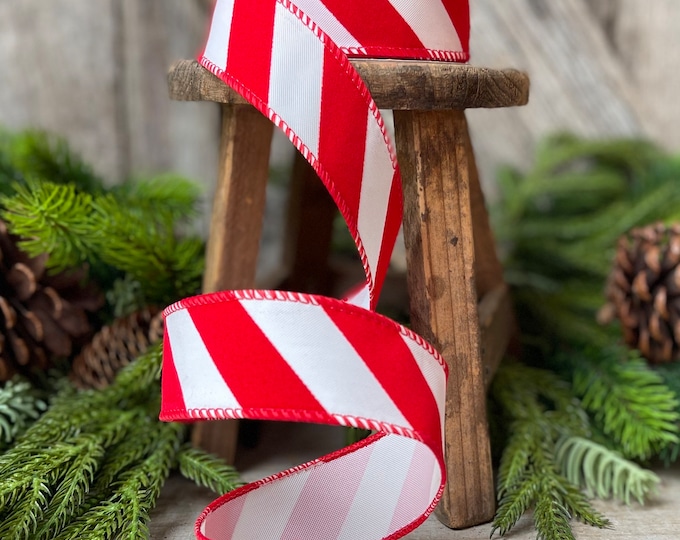 1.5" Red and White Diagonal Stripe Ribbon, Ribbon with wire, Christmas Ribbon