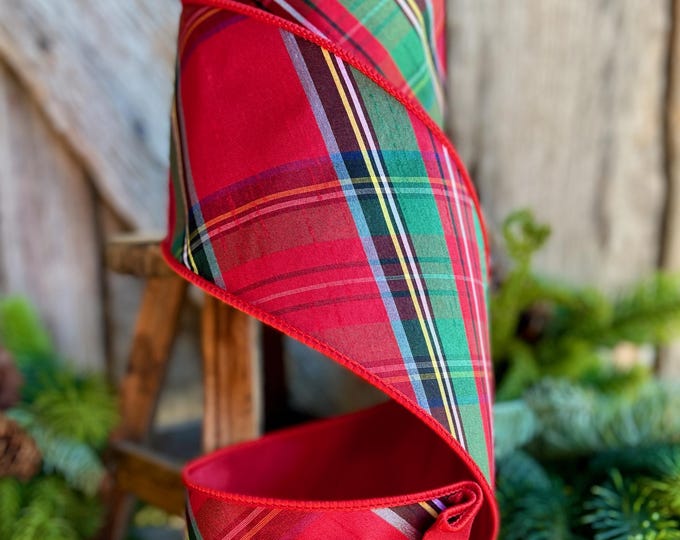 4" Traditional CHristmas Plaid, Wired Ribbon, Red Blue Chirstmas Plaid RIbbon, RIbbon for Treee, Christmas Plaid