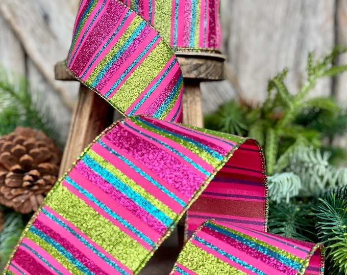2.5" Hot Pink Lime Turquoise Ribbon, Christmas Ribbon