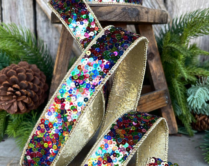 1" Sequin Ribbon, Multi Colored Sequin Ribbon, Christmas Ribbon, Party Ribbon, RK798-32