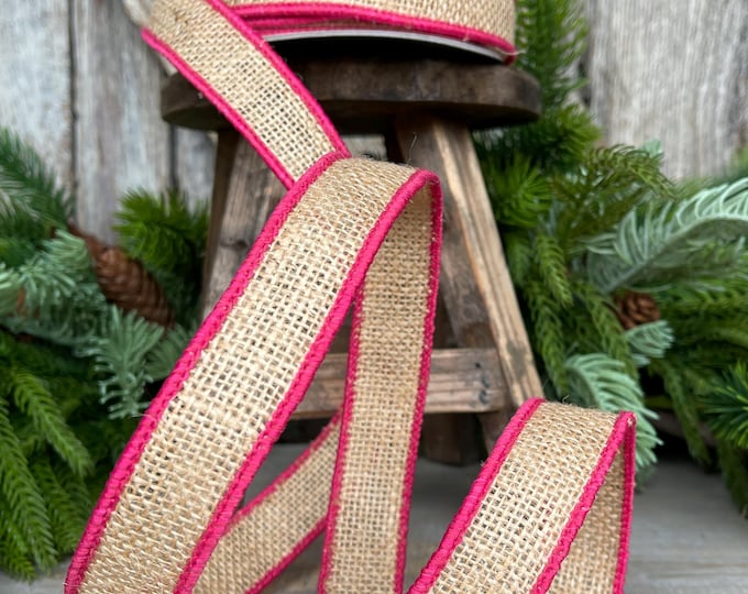 1" Hot Pink Burlap Accent Ribbon, Farrisilk Ribbon, Wired Ribbon, Burlap Ribbon, Designer Ribbon, SR096-08