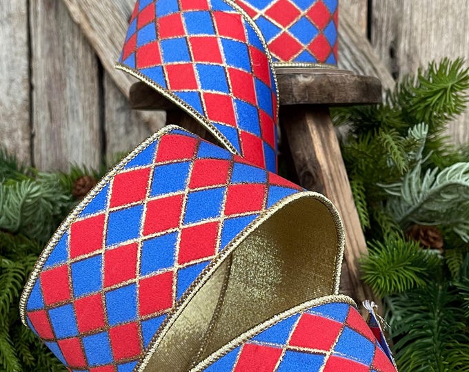2.5" Patriotic Wired Ribbon, Patriotic Harlequin Ribbon,  American Ribbon, USA Ribbon, 4th of July RIbbon, Ribbon for bows, 94562W-250-40D