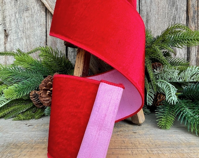 4" Red Pink Velvet Ribbon, Farrisilk Ribbon, Wired Ribbon, Pink Ribbon, Pink Red Ribbon, Designer Ribbon, Christmas, RK742-02