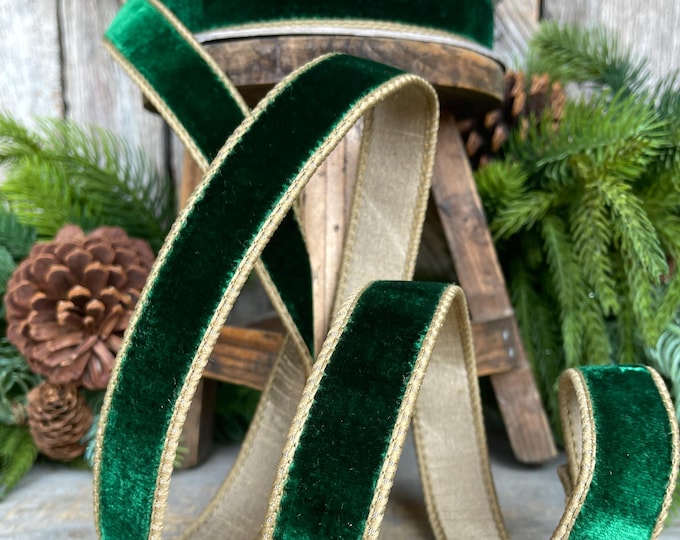 1" Emerald and Gold Velvet Ribbon, Green Velvet Ribbon, Wired Ribbon, Christmas Ribbon, Christmas Decor, 1 inch Velvet Ribbon
