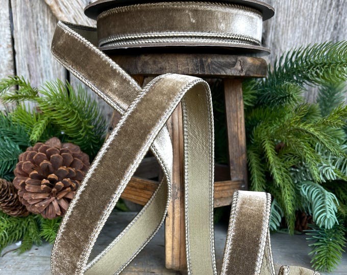 1” Mink Velvet Ribbon, Mocha Velvet ribbon, Christmas Ribbon, Wired Ribbon