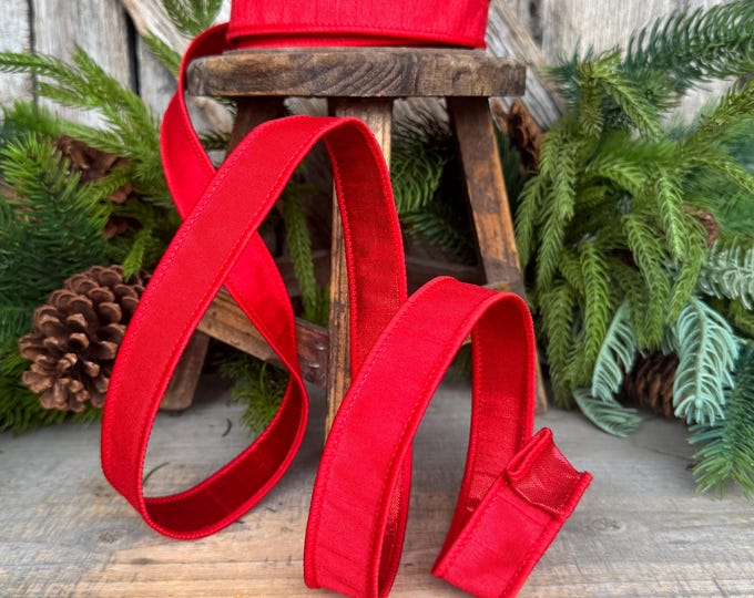 1” Red Dupioni Ribbon, ribbon, wired ribbon, Christmas Ribbon, Patriotic Ribbon, Red ribbon, Red Dupion Ribbon, Gift Wrap Ribbon