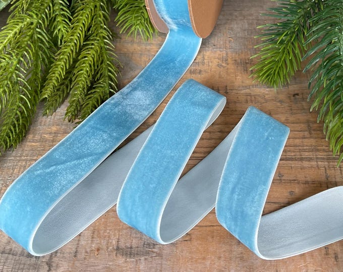 1” Light Blue Velvet Ribbon, Unwired Ribbon, Christmas ribbon, French Blue Velvet Ribbon, Sky Blue Velvet Ribbon
