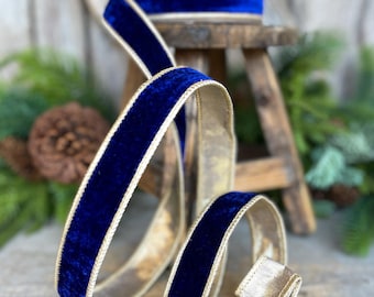 Cobalt Blue Velvet Wired Ribbon: 1" x 5 Yards, Gold Backing