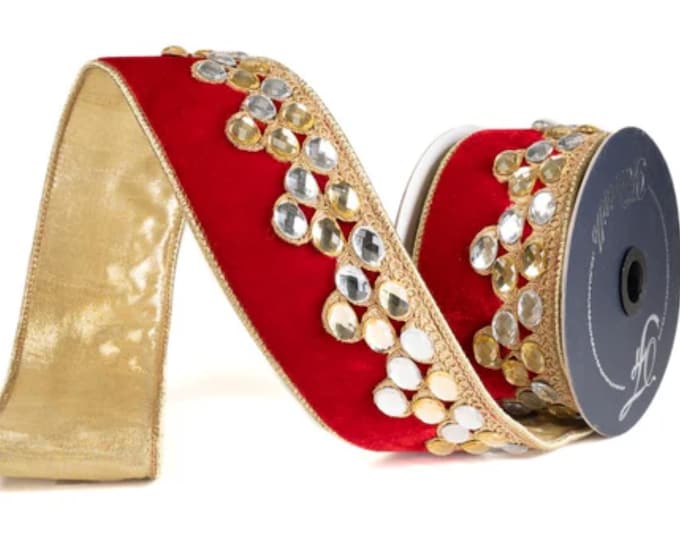 2.5" Red Velvet Ribbon, Red Gold Jeweled Ribbon, Christmas Ribbon, Farrisilk Ribbon