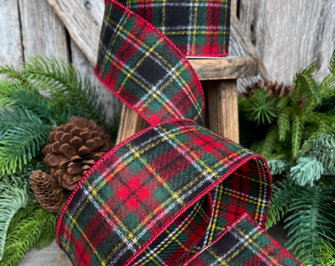 2.5" Traditional CHristmas Plaid, Wired Ribbon, Red Green Chirstmas Plaid RIbbon, RIbbon for Treee, Christmas Plaid
