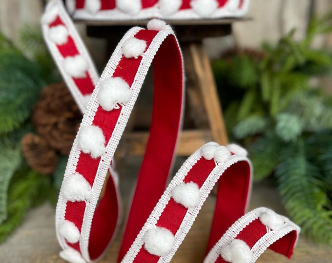 1" Red White Pom Pom Ribbon