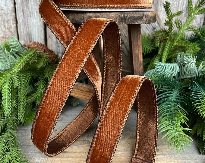 Pecan Brown Velvet Wired Ribbon: 1" Farrisilk Christmas Ribbon