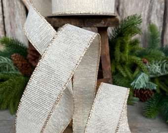 1.5" Ivory & Gold Ribbon, Christmas Ribbon, Gift Wrap Ribbon