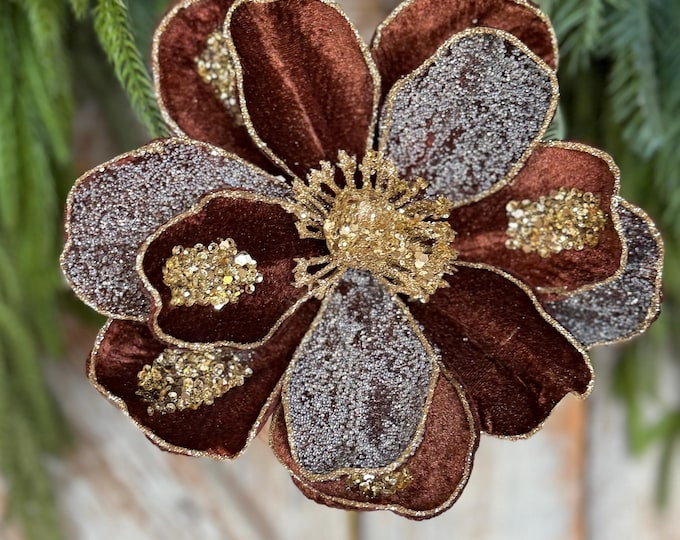 20" Chocolate Brown Magnolia Flower, Christmas Magnolia Spray