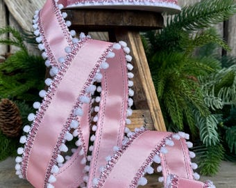 1.5” Pink Ribbed Satin Wired Ribbon with White Snowball Edge – Designer Ribbon