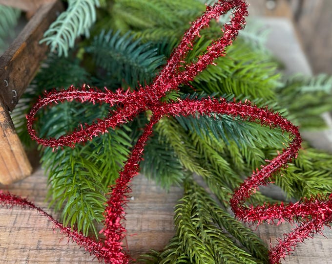 Red Tinsel Christmas Ribbon: 3/8" Wired Gift Wrap