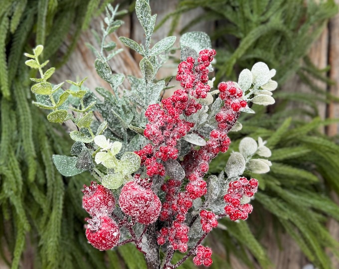 18" Icy Red Berry and Frosted Greenery Pick – Christmas Floral Spray