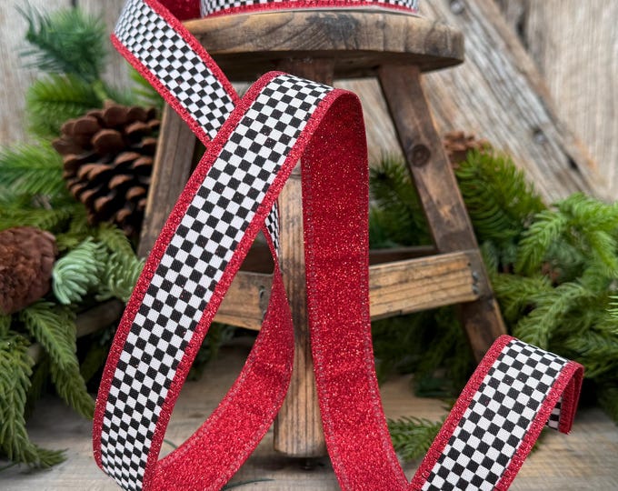 1" Red Black White Check Gold Glitter Wired Ribbon, 10 Yard Roll