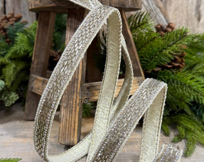 1" Platinum Jeweld Beaded Ribbon, Farrisilk Fluted Jewel Ribbon, Christmas RIbbon