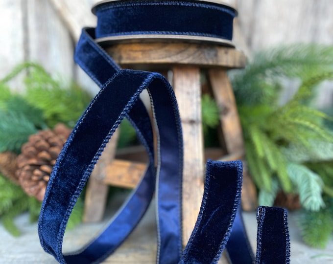 Navy Blue Velvet Wired Ribbon: 1-inch, 10 Yards, Christmas Bow Supply