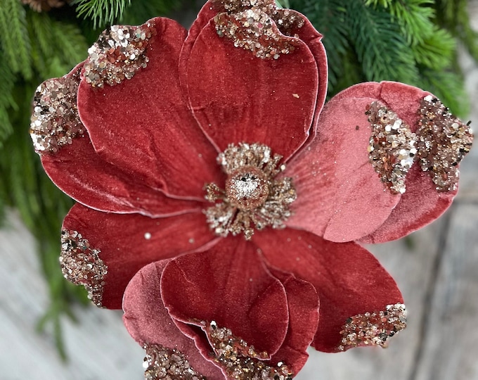 21" Rose Gold Velvet Magnolia, Christmas Magnolia, Faux Magnolia Stem, Glitz Magnolia, Woodsy Christmas Floral, Christmas Tree Floral