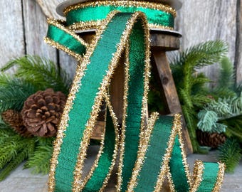 1" Emerald Green & Gold Tinsel Ribbon, Christmas Ribbon, Farrisilk ribbon, 1" x 10 yards