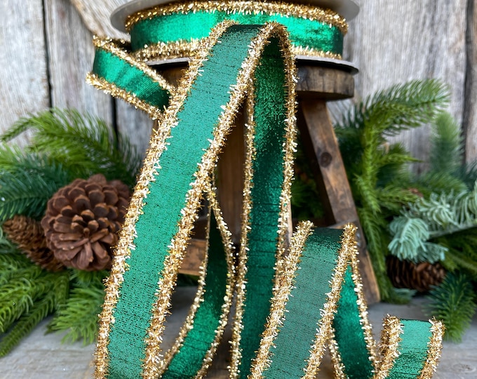 1" Emerald Green & Gold Tinsel Ribbon, Christmas Ribbon, Farrisilk ribbon, 1" x 10 yards