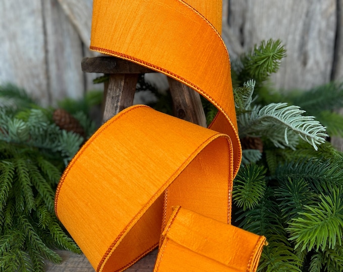2.5" Orange Dupion Ribbon, Farrisilk Ribbon, Spring Summer Fall Halloween Ribbon, Orange Ribbon, Wired RIbbon, RK609-52