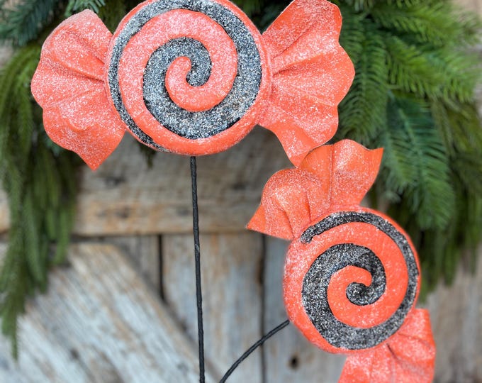 Orange Halloween Candy Lollipop Floral Pick: Orange & Black Candy Spray, 28 inches