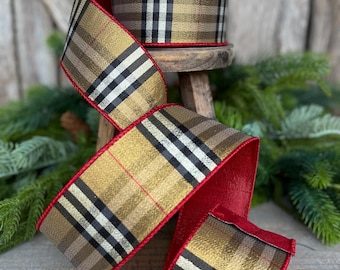 2.5” Brown holiday plaid, brown black red plaid Christmas ribbon, 10 yards, metallic ribbon, Christmas plaid, 93920W-974-40F
