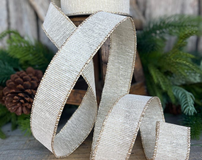 1.5" Ivory Gold Linen Textured Ribbon, Ivory Christmas Ribbon, Gift Wrap Ribbon