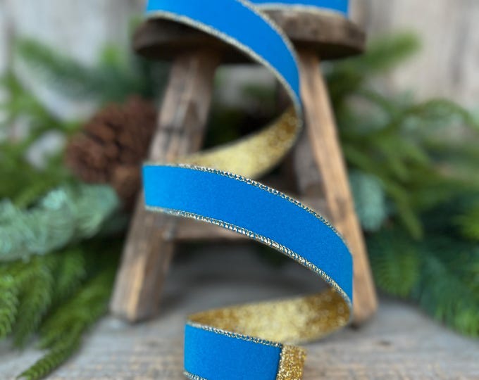 1" Blue Gold Gleam Ribbon, Farrisilk Ribbon, Wired Ribbon, Christmas Ribbon, Blue Ribbon, RS203-79