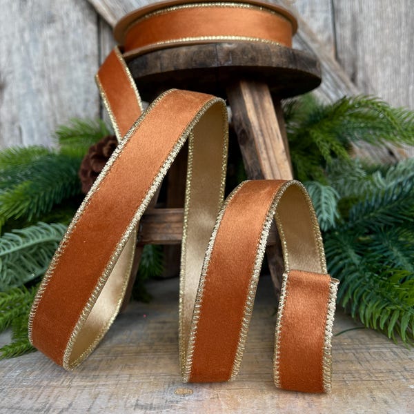 Copper Brown Velvet Wired Ribbon: 1" Fall Christmas Decor