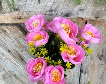 20" Pink Ranuculus Bush,  Pink Yellow Floral Bush, Artificial Floral Bush, Pink Flower Bush, Spring Flowers, Fake Flowers, Pink Floral Bush