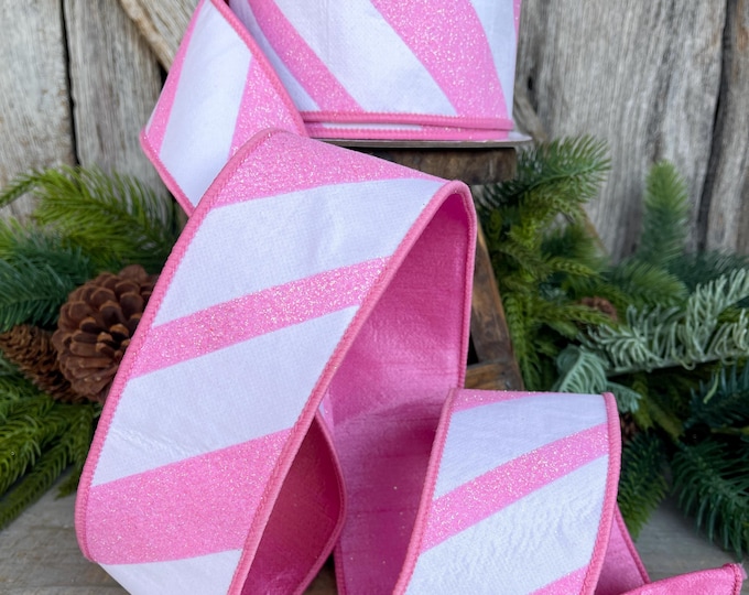 2.5" Pink and White Diagonal Stripe Ribbon, Farrisilk Ribbon, Candy Gloss Ribbon, Pink Christmas Ribbon, RK876-14