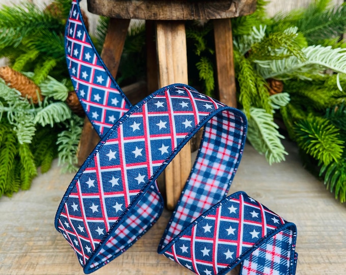 1.5" Patriotic Ribbon, Wired Ribbon, Star Ribbon, Red White Blue Ribbon, 4th of July Ribbon, 9553W-032-38E
