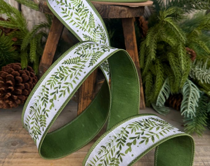 1.5" Green Leaf Ribbon, Wired Ribbon, Spring Ribbon, Wedding Ribbon, Everyday Ribbon, Green LEaf Ribbon, Green White Ribbon